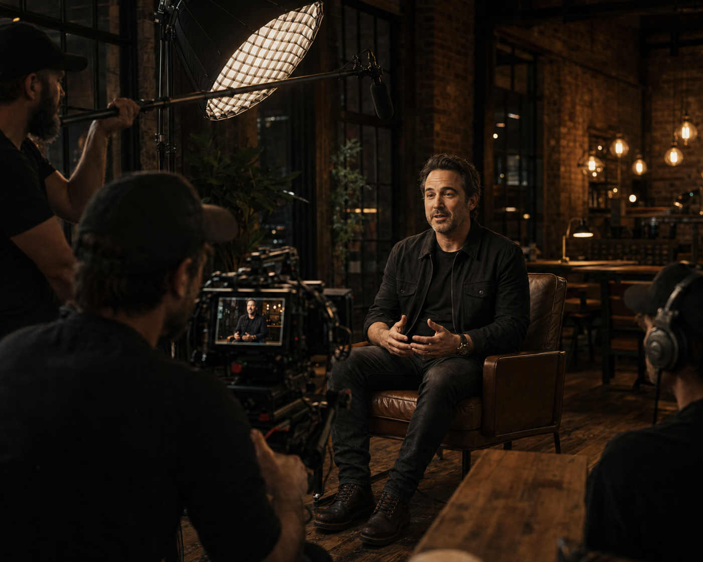 Production crew filming a business founder